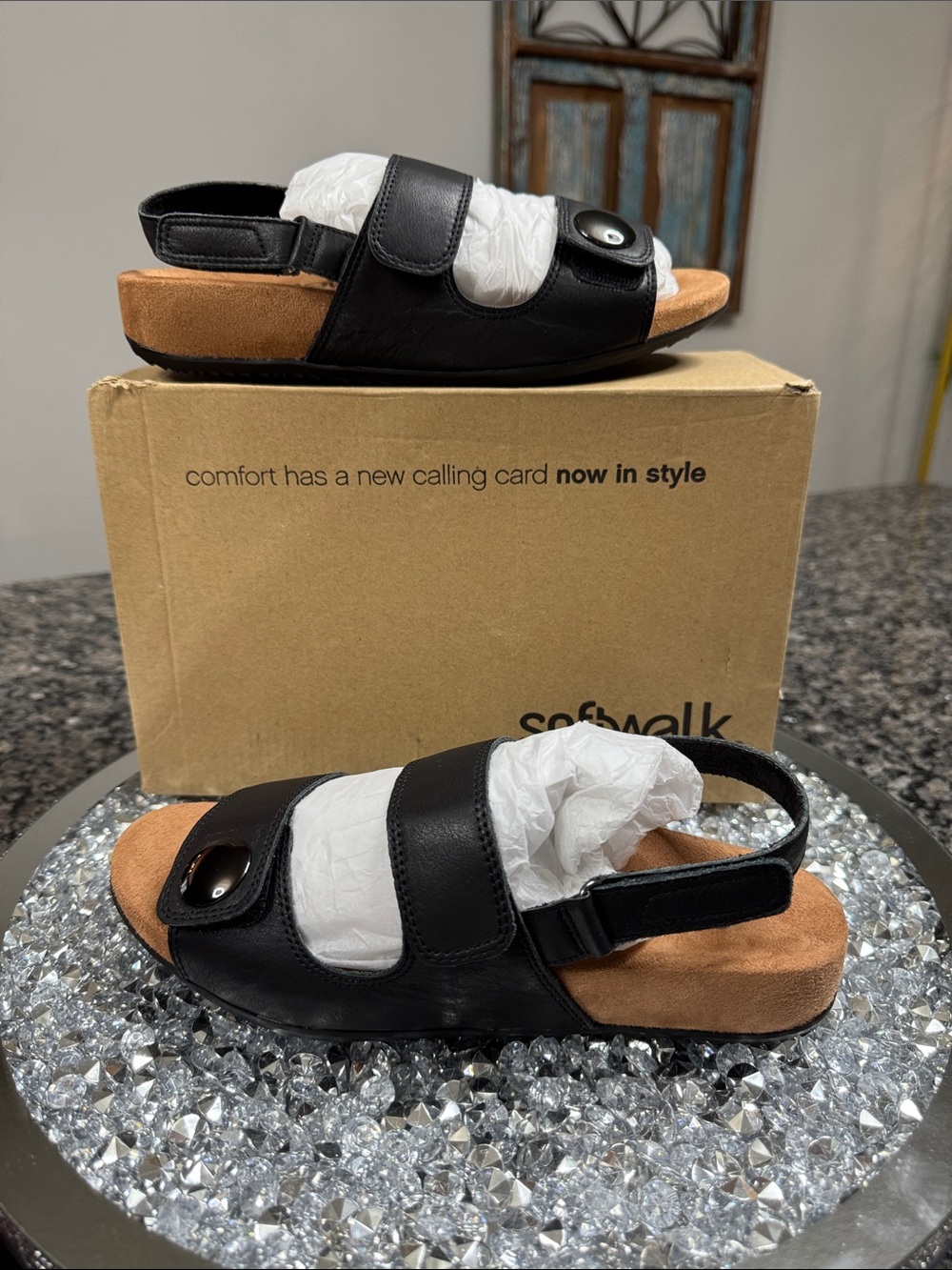 SoftWalk Beatrice Black Leather Slingback Sandals with Adjustable Straps NEW 7.5